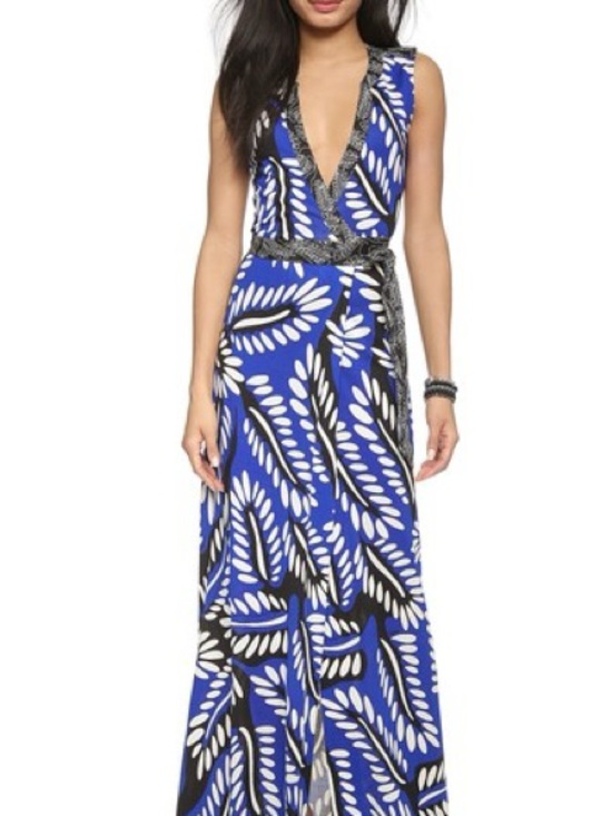 Diane Von Furstenberg Dresses & Skirts - Diane Von Furstenberg Blue and Black Leaf-Print Wrap Maxi Dress